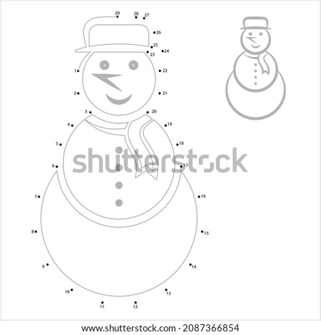 Snowman Icon, Snow Sculpture Of Man Icon Connect The Dots Vector Art Illustration, Puzzle Game Containing A Sequence Of Numbered Dots
