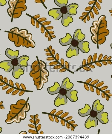 Beach cheerful seamless pattern wallpaper of tropical dark brown leaves of palm trees and flowers bird of paradise plumeria on a light gray background