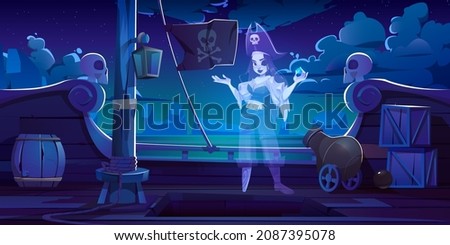 Pirate girl ghost on filibuster ship, young dead woman spook in buccaneer costume and leg prosthesis hold gem stone stand at boat deck with jolly roger flag and cannons, Cartoon vector illustration