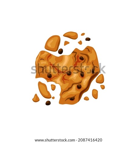 Bitten cookies with chocolate chips on a white isolated background. Cookies crumbled. Vector cartoon illustration.