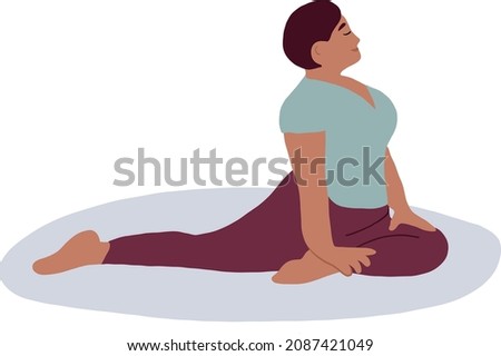 Woman does yoga at home. Flat vector drawing.