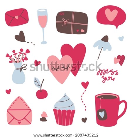 Valentines day doodle set, objects for concept and design, vector illustration flat.