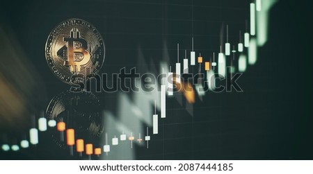 Chart shows a strong increase in the price of bitcoin. Investing in virtual assets. Investment platform with charts and bitcoin coin. Royalty-Free Stock Photo #2087444185