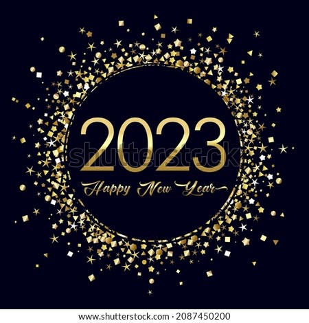 2023 A Happy New Year symbol. Round logotype concept. Abstract isolated graphic design template. Gold coloured numbers. Christmas creative decoration. Golden snowy ball and web shiny glittering digits