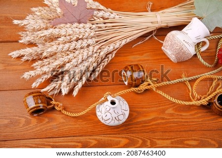 The concept of wheat on a wooden background. Still-life. A bunch of wheat. Pumpkin. Coconut. Ceramic jugs. On a wooden background. How is the photo session conducted