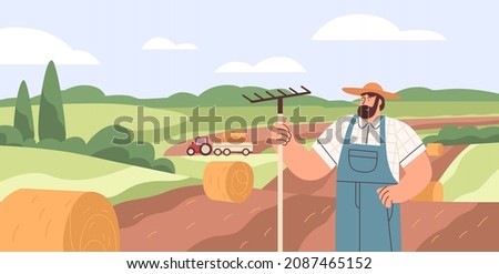Farmer in agriculture field with dry hay bales. Farm worker and village farmland landscape during harvesting. Flat vector illustration of man peasant with rakes in agricultural plantation Royalty-Free Stock Photo #2087465152