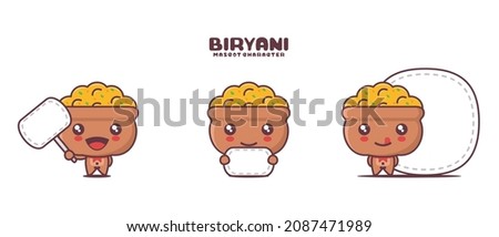 vector biryani cartoon mascot, traditional indian food illustration, with blank board banner, isolated on a white background.