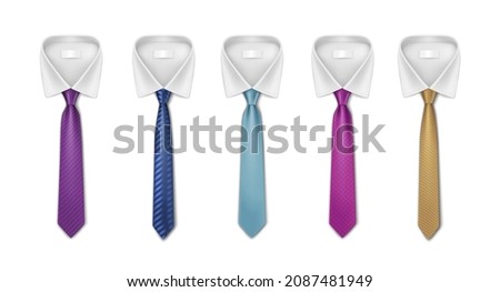 Colorful neckties for formal wear, white collar office workers outfit. Realistic ties set isolated on white background. 3d silk cravats. Vector illustration Royalty-Free Stock Photo #2087481949