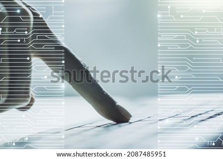 Creative concept of microscheme illustration and hands typing on laptop on background. Big data and database concept. Multiexposure