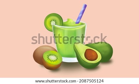 A glass of mix Avocados and Kiwis smoothie, healthy fruit beverage, is being with Avocados and Kiwis. Digital hand drawn and painted, isolate image.