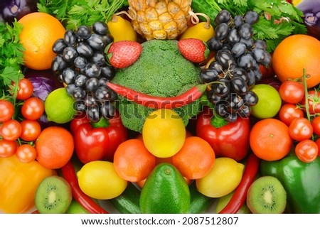 Beautiful bright background from various vegetables and fruits.