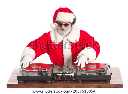 Cool Santa DJ playing music on white background