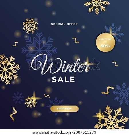 Dark blue gold winter new year sale cards with frame and golden decorations. Trendy abstract square Winter Holidays art template for social media post, mobile apps, banner design and internet ads