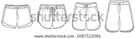 Board shorts, surf shorts, swim shorts fashion flat sketch vector illustration templates. mockup. Royalty-Free Stock Photo #2087522086