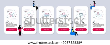 Vector Set of Business icons related to Hammer tool, Gift and Analysis graph icons. UI phone app screens with teamwork. Diagram chart, Love and Share idea line symbols. Vector