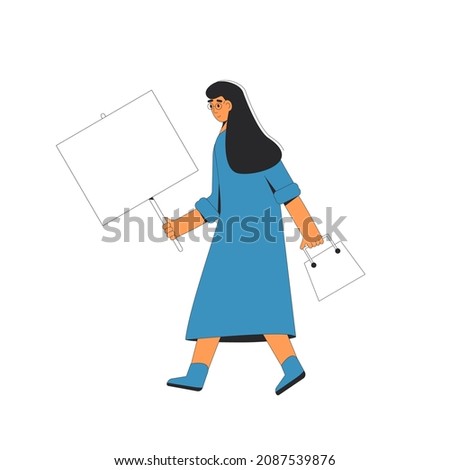 Woman holding a banner. Female person with blank, placard. Vector character line art illustration isolated on white background.