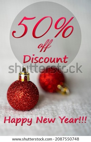 Christmas discounts text on white fluffy background. up to 50 off, christmas sale, discount template with christmas decorations, colorful light bulb garlands