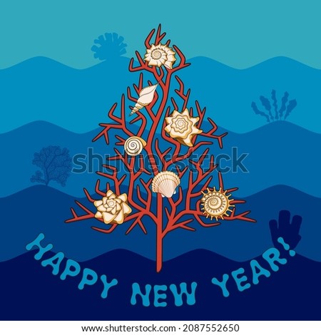 Christmas card with a coral fir tree, shells and congratulations. Colored vector background.