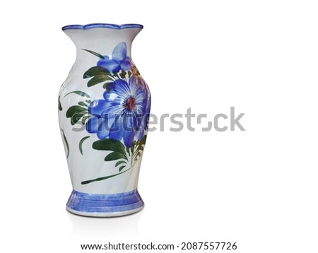 beautiful antique blue and white ceramic vase on white background, decor, retro, vintage, copy space          