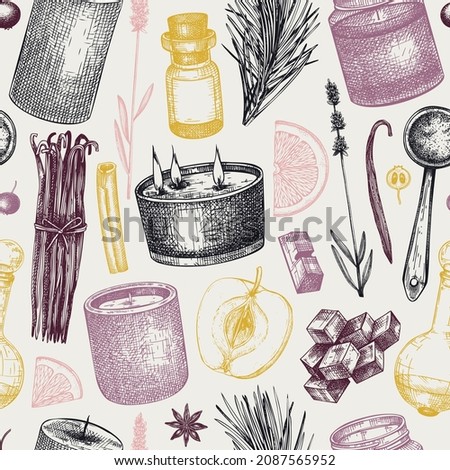 Aromatic candle ingredients seamless pattern. Vector background with hand-sketched materials for candles, soap, cosmetics, perfumery. The natural backdrop for wrapping paper, packaging, textile.