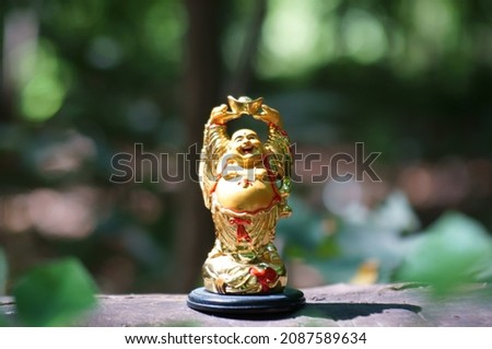 Buddha figurine on a colored background close-up.