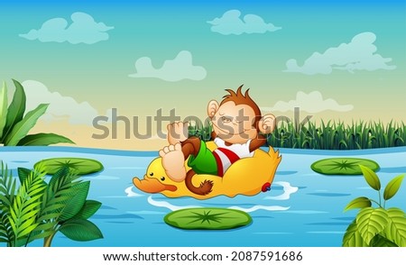 Cute a monkey relaxing on duck lifebuoy in the river illustration