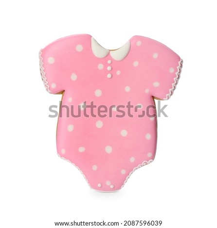 Tasty cookie in shape of baby's onesie isolated on white