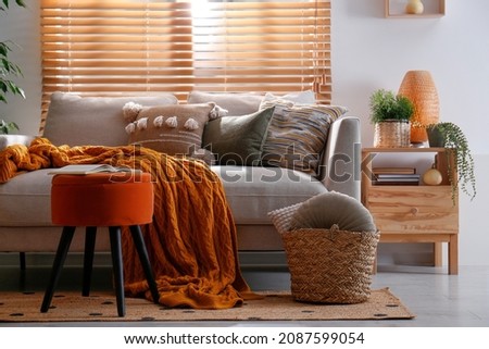 Stylish living room interior with comfortable sofa and ottoman Royalty-Free Stock Photo #2087599054