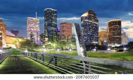 Skyline of Houston at night  in Texas, USA, downtown with skyscrapers