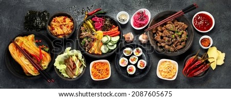 Assortment of Korean traditional dishes. Asian food. Top view, flat lay, panorama Royalty-Free Stock Photo #2087605675
