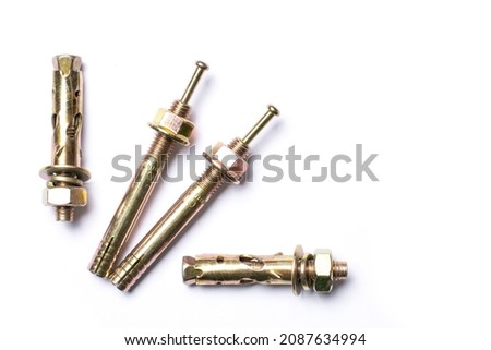 Sleeve anchor bolt, concrete masonry screw isolated on white background. Top view. Flat lay.
