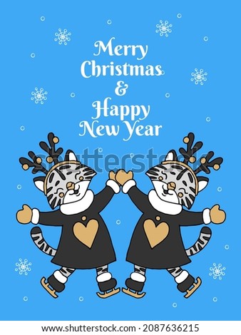Christmas greeting card with twin tiger animals vector illustration