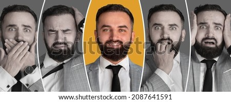 Young businessman in formalwear experiencing mood swings, showing various emotions and gesturing on studio background, panorama, collage Royalty-Free Stock Photo #2087641591