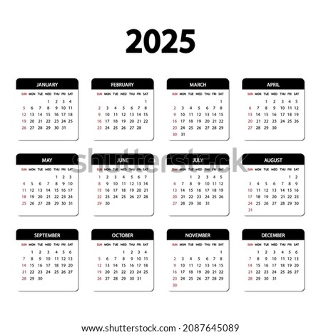 Calendar 2025 year. The week starts Sunday. Annual English calendar 2025 template. Yearly organizer in minimal design. Portrait orientation