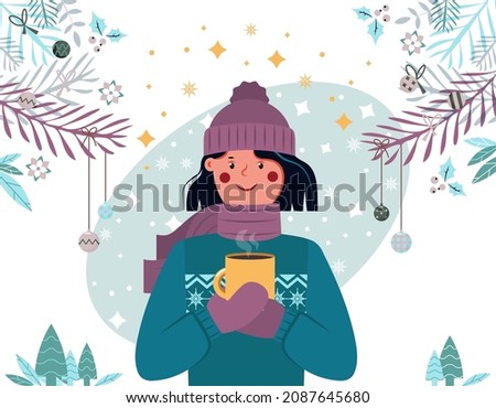 Girl holding a mug with botanical winter frame with decoration on the background. Christmas and New Year celebration. Christmas and New Year greeting card template. Cartoon flat vector illustration