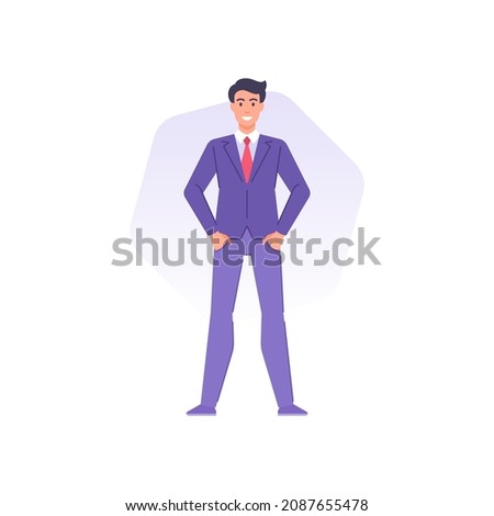 Modern trendy business man in suit red tie standing with hands in pockets having positive emotion vector flat illustration. Happy successful male entrepreneur employee enjoying confidence isolated