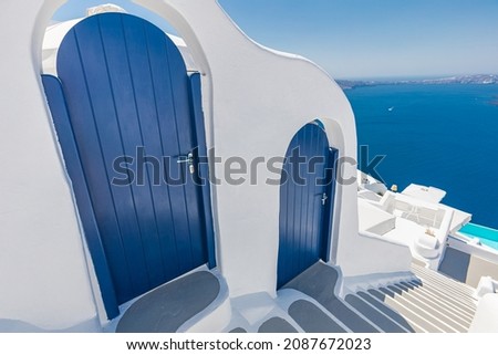 Beautiful travel background for vacation holiday banner. White houses in the town of Oia on the island of Santorini, panorama. Amazing scenic views, luxury summer freedom traveling panoramic landscape