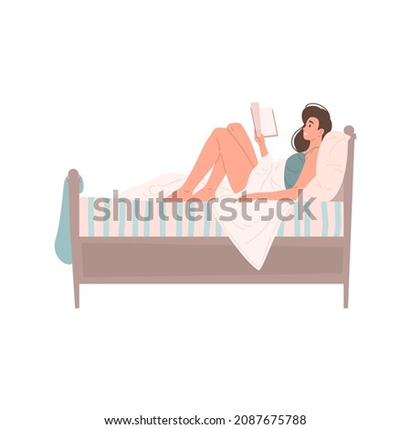 Relaxed young woman lying in bed reading book smiling enjoying weekend at home vector flat illustration. Resting female in underwear covered by blanket having literature hobby self education isolated