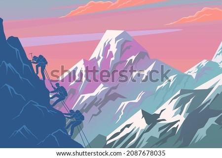 Climbing on mountain. Silhouette traveling people. Vector illustration hiking and climbing team. Squad of three mountaineer alpinists with backpacks climb the slope of the mountain with a taut rope