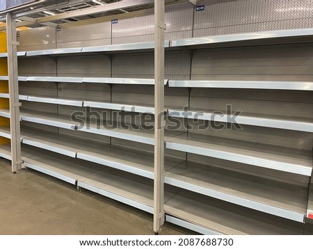 crisis concept, empty row of shelves in the store, goods and food shortage