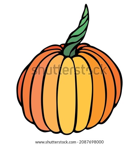 Vector hand drawn illustration of pumpkin. Isolated object on white background. Colorful vegetable harvest clip art. Farm market product. Elements for autumn design, decoration.