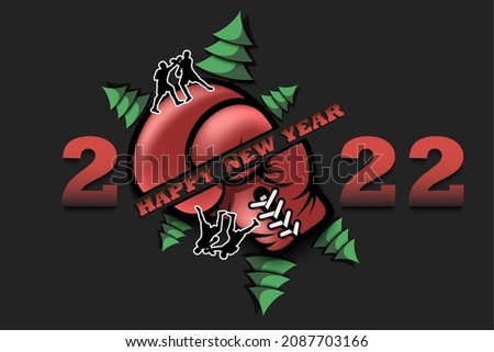 Happy new year. 2022 with boxing glove, Christmas trees and boxers. Original template design for greeting card, banner, poster. Vector illustration on isolated background
