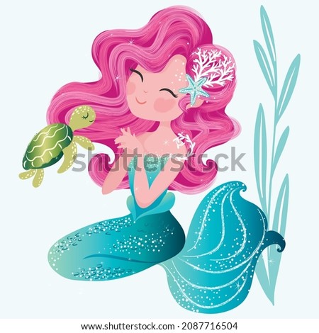 Lovely mermaid with little turtle, vector illustration, children artworks, wallpapers, posters, greeting cards prints.  Royalty-Free Stock Photo #2087716504