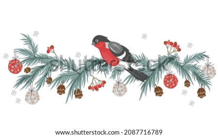 Christmas background with fir tree garland and bird for holiday cards and posters, prints designs, hand drawn vector illustration isolated on white background. Christmas decorative element.