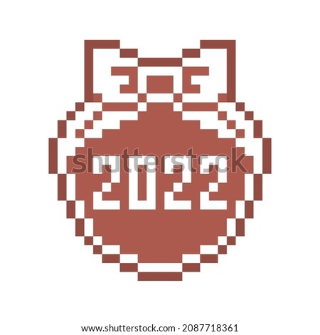 Pixel art gingerbread cookie Christmas bauble decorated with white sugar icing,8 bit food icon isolated on white background. 2022 Happy New Year dessert ornament with ribbon bow.Winter holiday pastry