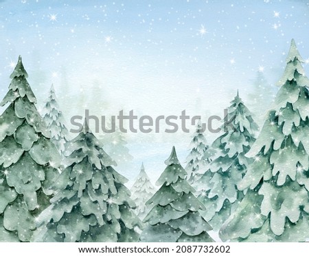 Woodland landscape,Christmas trees,spruce forest.Watercolor hand painted illustration.