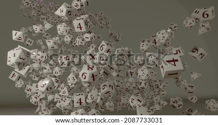 many dices with red numbers falling down isolated