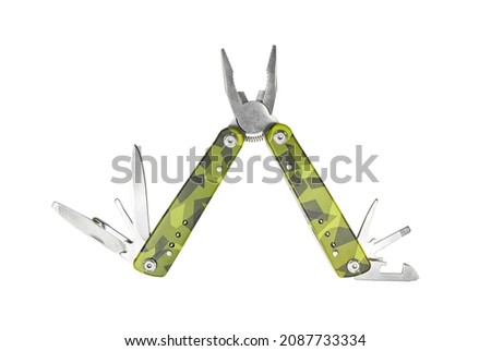 Swiss knife isolated on white background. green carbon and grey multi functional tool.