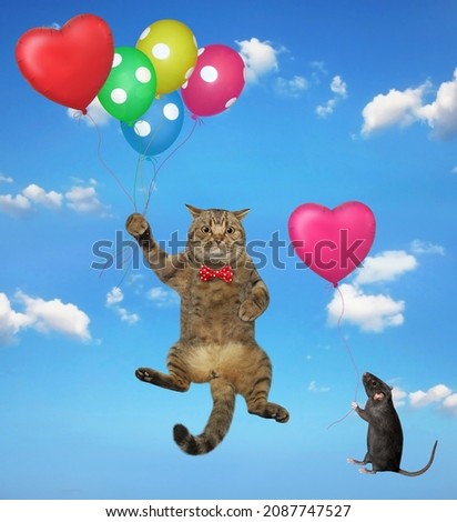 A beige cat and a black rat with balloons are flying in the sky.