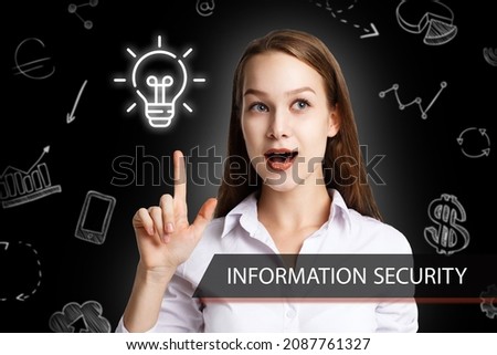 Business, Technology, Internet and network concept. Young businessman working on a virtual screen of the future and sees the inscription: Information security